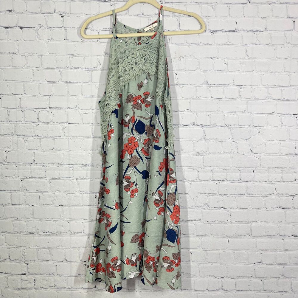 easel Mint Green Floral Halter Mini Dress with Coral and Navy Accents